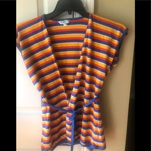 VINTAGE SEARS JR BAZAAR CARDIGAN 70’s STRIPES TIE BELT AT WAIST THIN TERRYCLOTH?